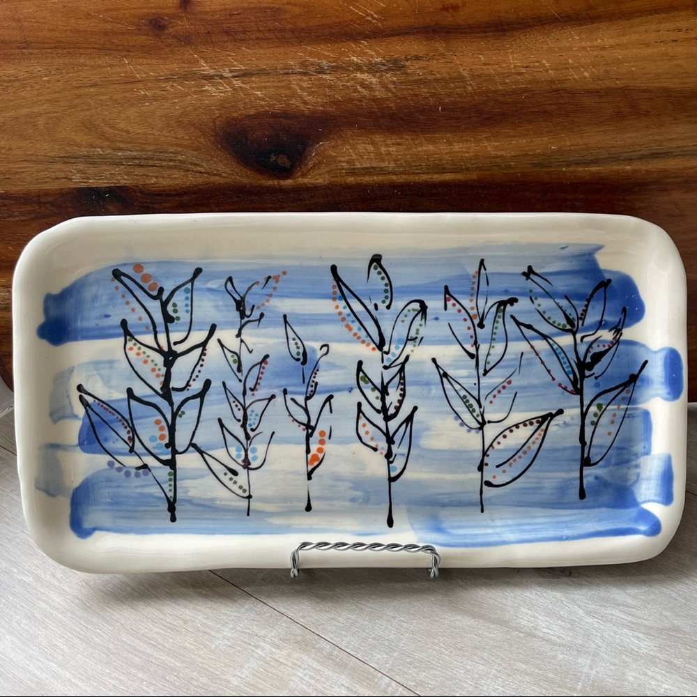 Vintage handmade and artist painted large tray with leaf design, signed by E/C